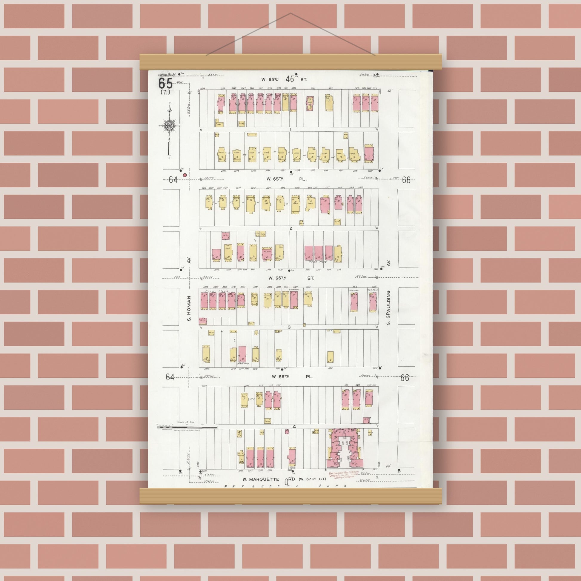 Old map wall art mockup — magnetic wood frame on brick wall — Sanborn Fire Insurance Map from Chicago, Cook County, Illinois (1920), Sheet #0065