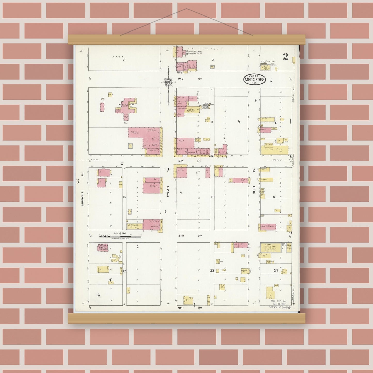 Old map wall art mockup — magnetic wood frame on brick wall — Sanborn Fire Insurance Map from Mercedes, Hidalgo County, Texas (1917), Sheet #0002