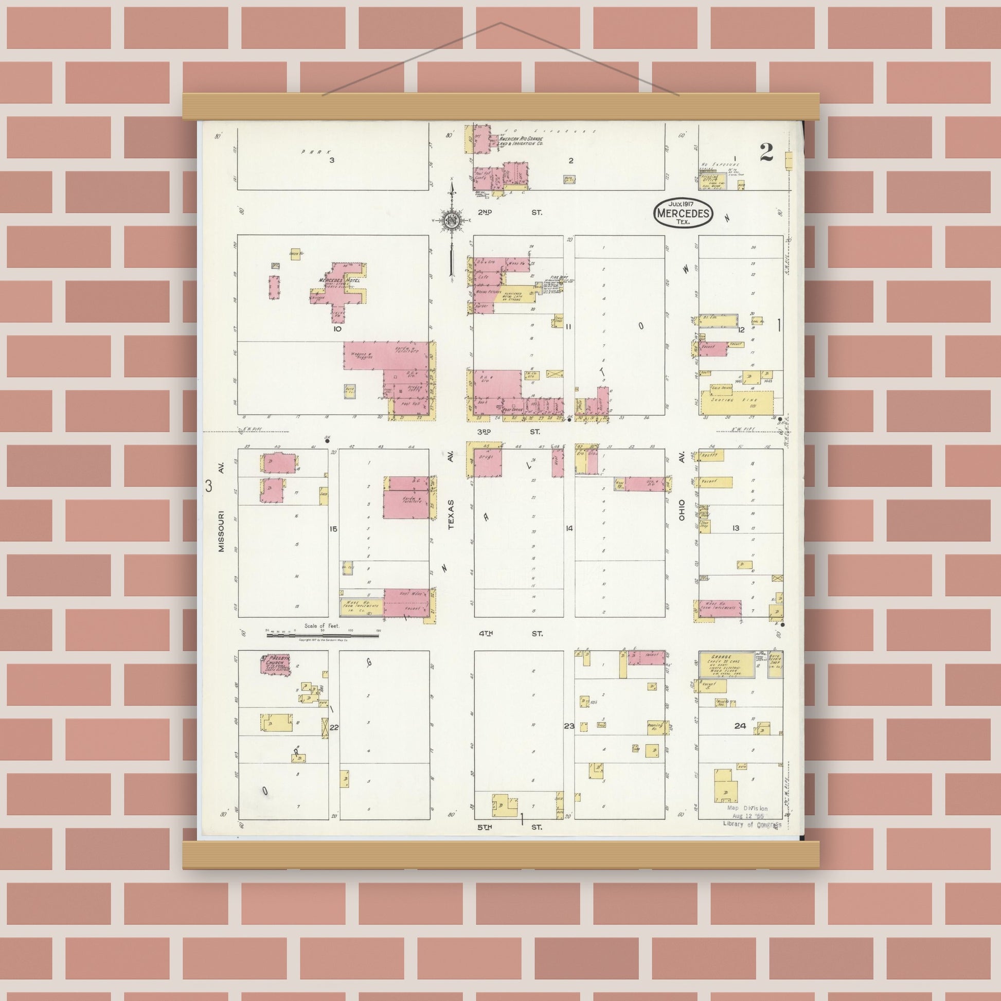 Old map wall art mockup — magnetic wood frame on brick wall — Sanborn Fire Insurance Map from Mercedes, Hidalgo County, Texas (1917), Sheet #0002