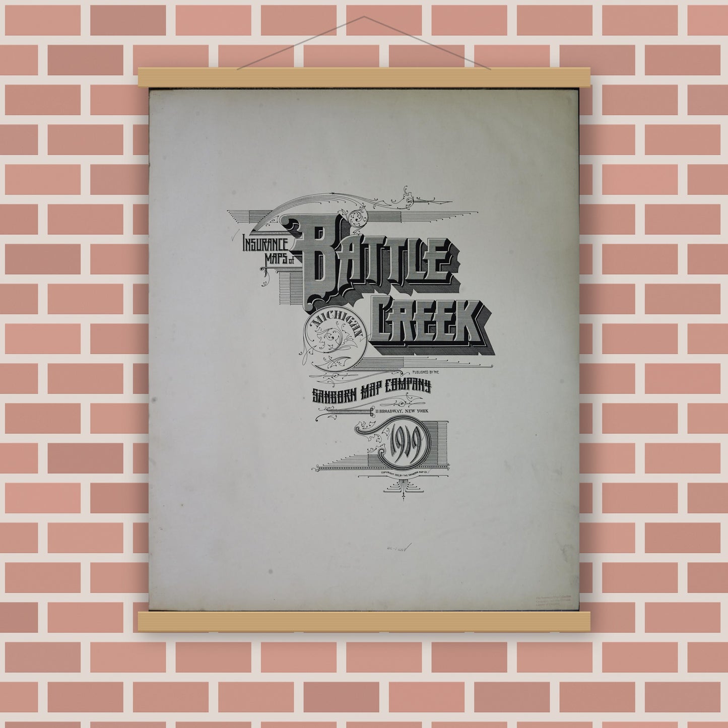 Old map wall art mockup — magnetic wood frame on brick wall — Sanborn Fire Insurance Map from Battle Creek, Calhoun County, Michigan (1919), Sheet #0001
