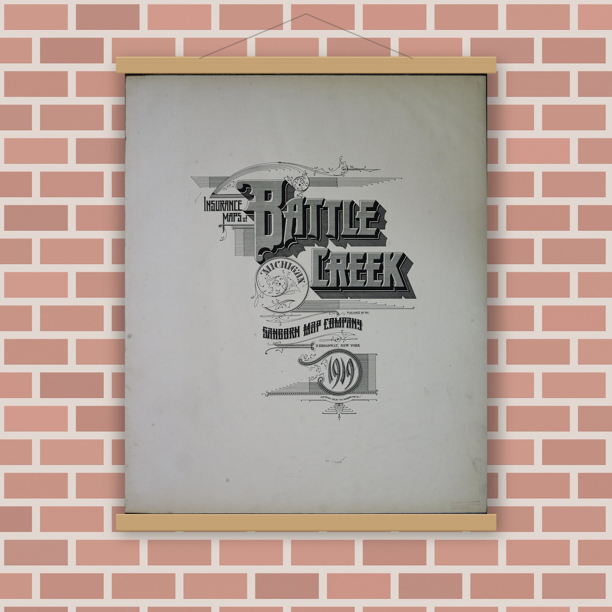 Old map wall art mockup — magnetic wood frame on brick wall — Sanborn Fire Insurance Map from Battle Creek, Calhoun County, Michigan (1919), Sheet #0001