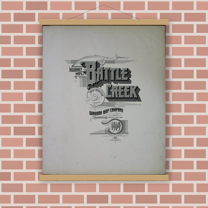 Old map wall art mockup — magnetic wood frame on brick wall — Sanborn Fire Insurance Map from Battle Creek, Calhoun County, Michigan (1919), Sheet #0001