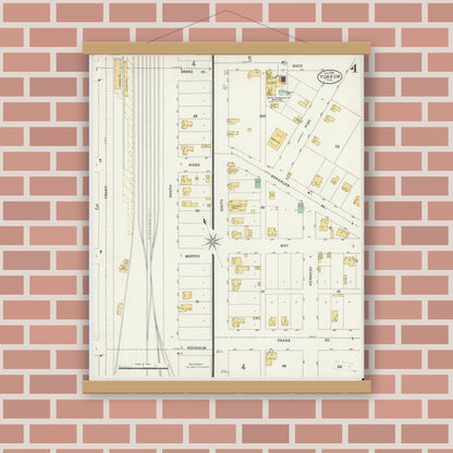 Old map wall art mockup — magnetic wood frame on brick wall — Sanborn Fire Insurance Map from Yoakum, De Witt And Lavaca Counties, Texas (1898), Sheet #0004
