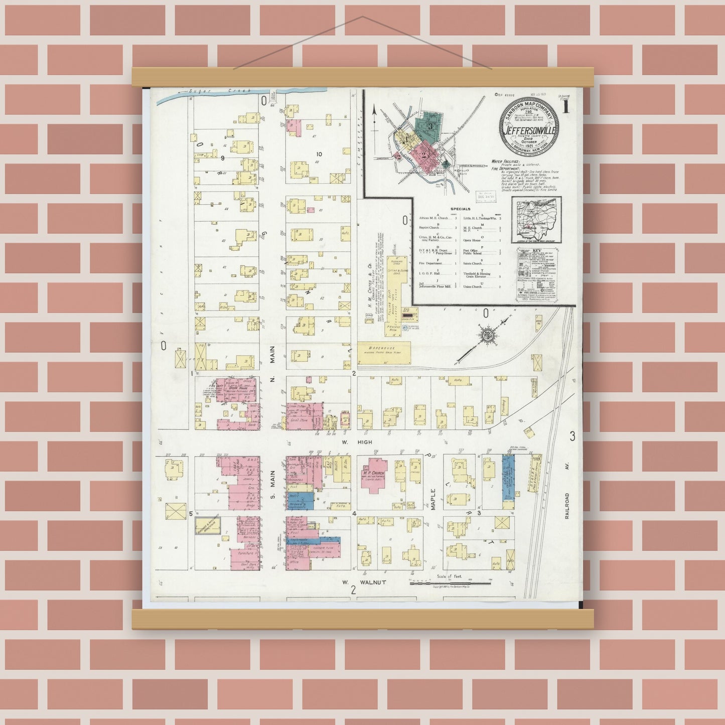 Old map wall art mockup — magnetic wood frame on brick wall — Sanborn Fire Insurance Map from Jeffersonville, Fayette County, Ohio (1921), Sheet #0001