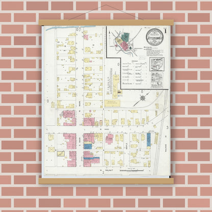Old map wall art mockup — magnetic wood frame on brick wall — Sanborn Fire Insurance Map from Jeffersonville, Fayette County, Ohio (1921), Sheet #0001