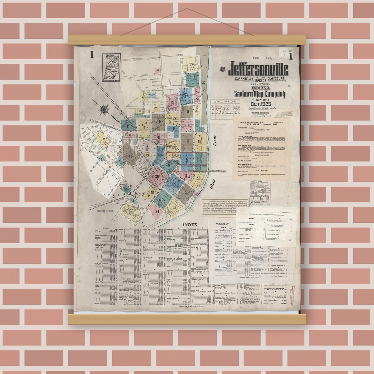 Old map wall art mockup — magnetic wood frame on brick wall — Sanborn Fire Insurance Map from Jeffersonville, Clark County, Indiana (1949), Sheet #0001