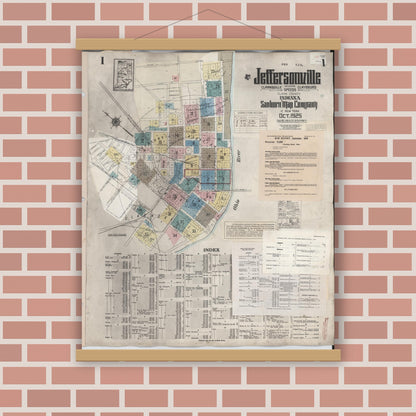 Old map wall art mockup — magnetic wood frame on brick wall — Sanborn Fire Insurance Map from Jeffersonville, Clark County, Indiana (1949), Sheet #0001