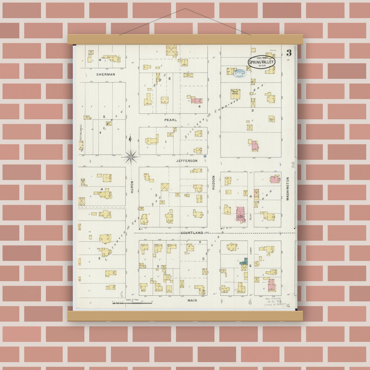 Old map wall art mockup — magnetic wood frame on brick wall — Sanborn Fire Insurance Map from Spring Valley, Fillmore County, Minnesota (1894), Sheet #0003