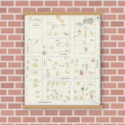 Old map wall art mockup — magnetic wood frame on brick wall — Sanborn Fire Insurance Map from Spring Valley, Fillmore County, Minnesota (1894), Sheet #0003