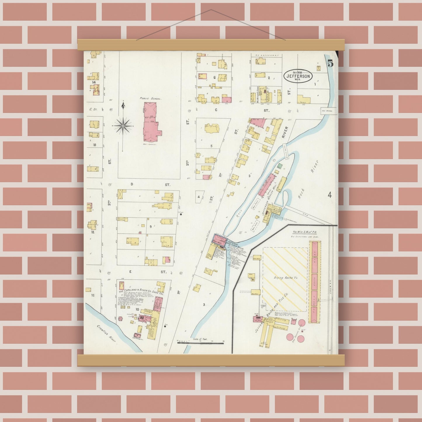 Old map wall art mockup — magnetic wood frame on brick wall — Sanborn Fire Insurance Map from Jefferson, Jefferson County, Wisconsin (1898), Sheet #0005