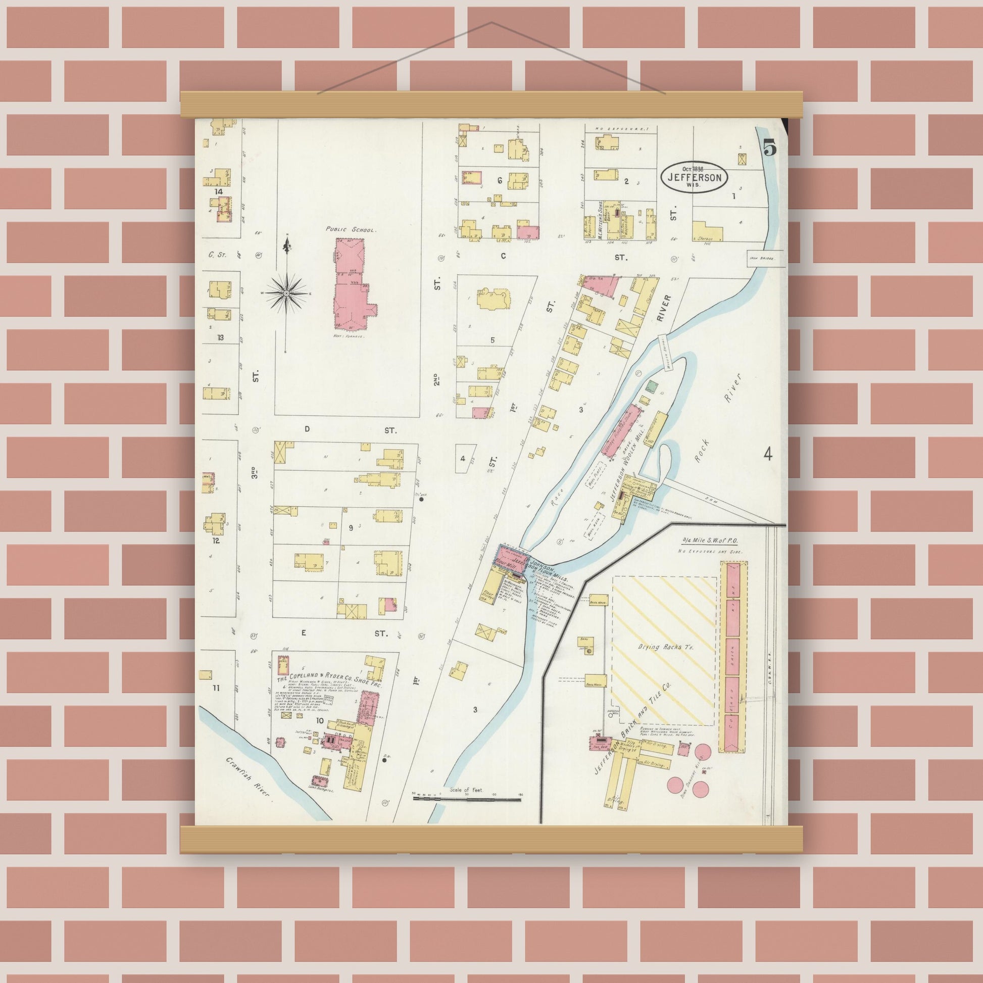 Old map wall art mockup — magnetic wood frame on brick wall — Sanborn Fire Insurance Map from Jefferson, Jefferson County, Wisconsin (1898), Sheet #0005