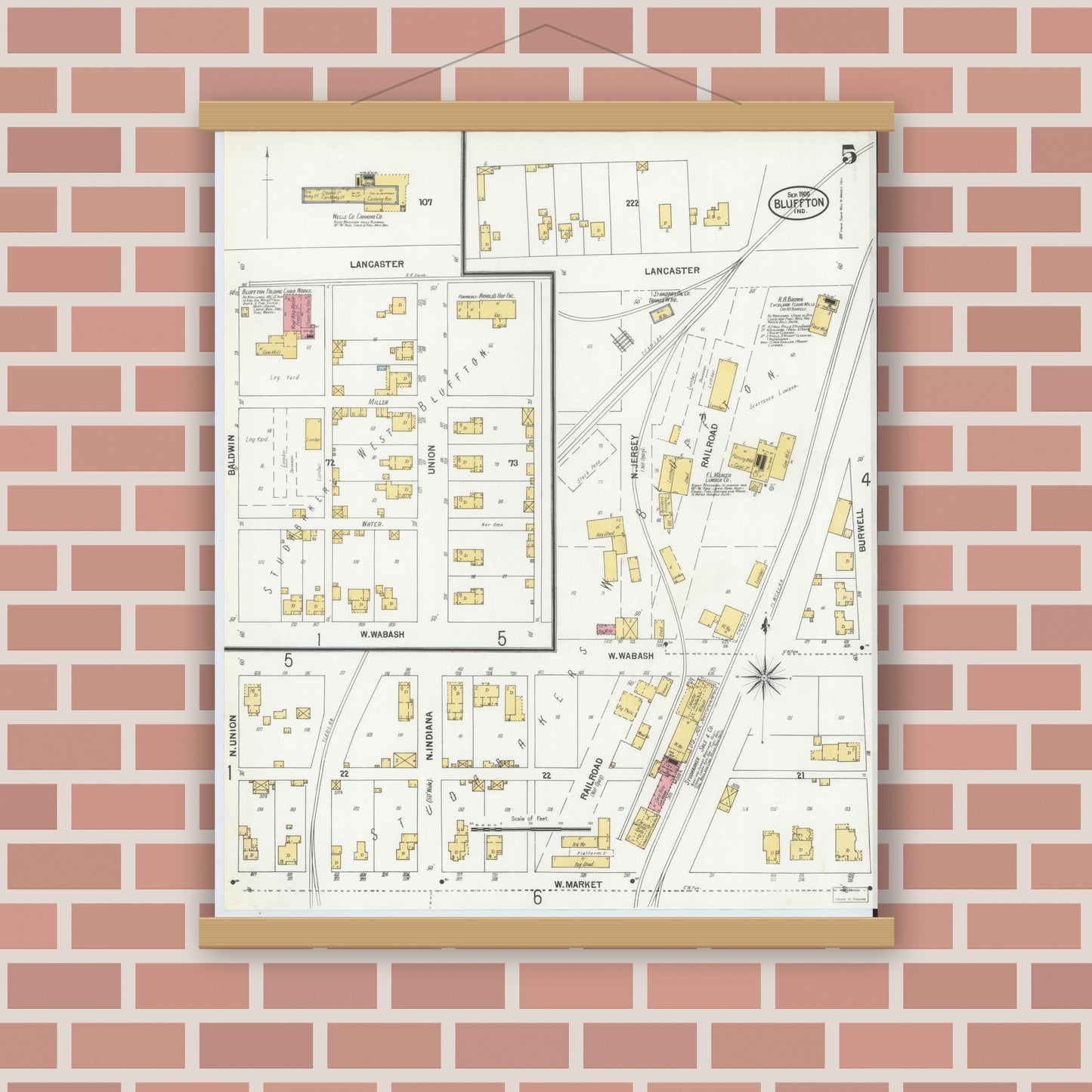 Old map wall art mockup — magnetic wood frame on brick wall — Sanborn Fire Insurance Map from Bluffton, Wells County, Indiana (1900), Sheet #0005