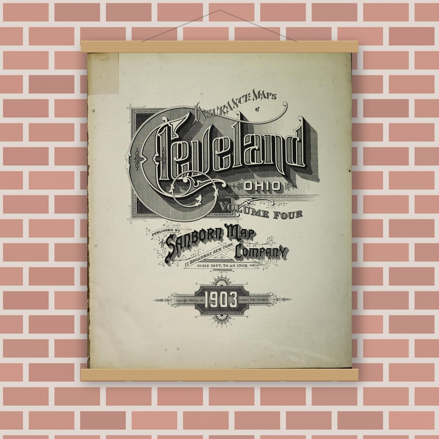 Old map wall art mockup — magnetic wood frame on brick wall — Sanborn Fire Insurance Map from Cleveland, Cuyahoga County, Ohio (1903), Sheet #0001