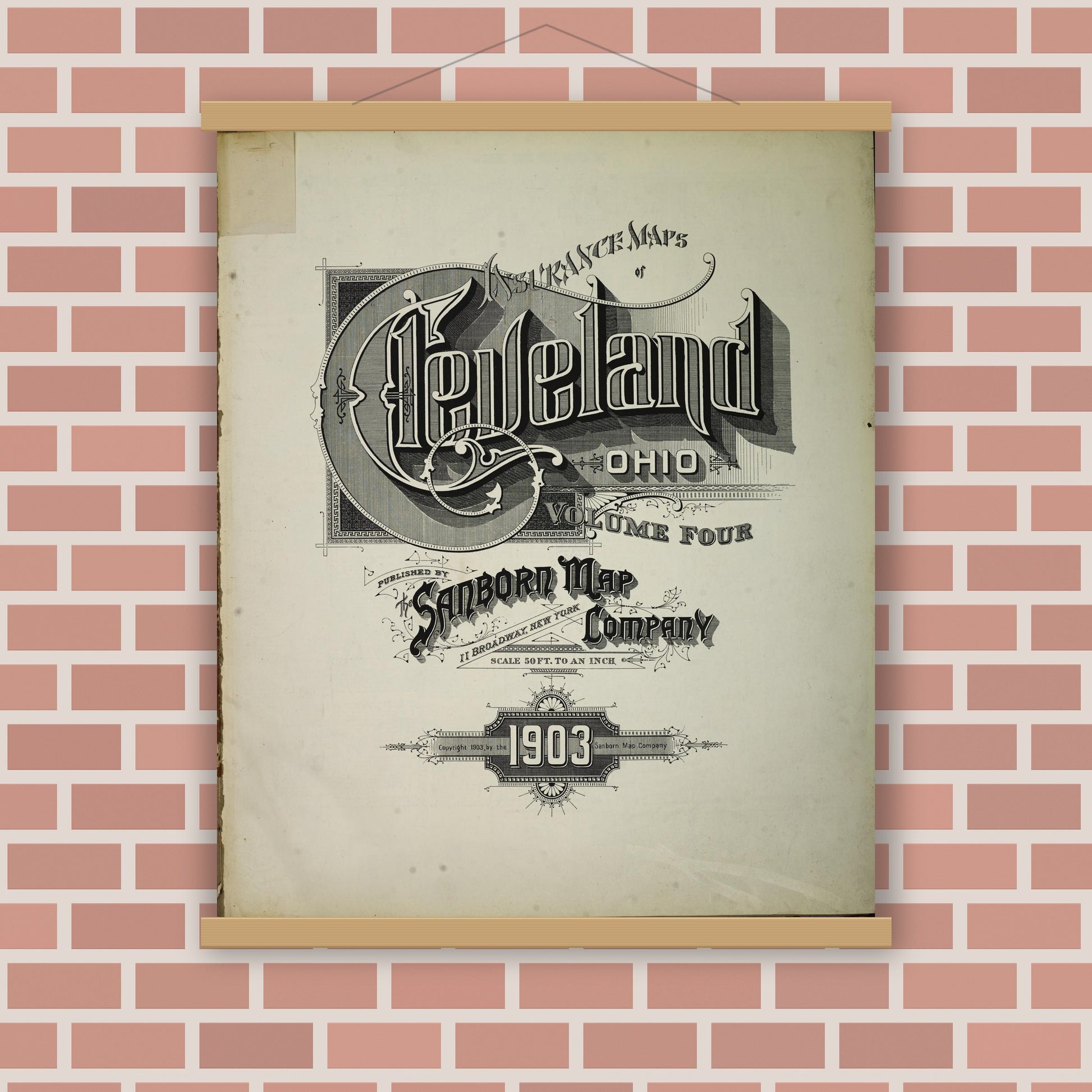 Old map wall art mockup — magnetic wood frame on brick wall — Sanborn Fire Insurance Map from Cleveland, Cuyahoga County, Ohio (1903), Sheet #0001