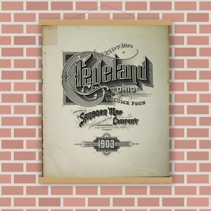 Old map wall art mockup — magnetic wood frame on brick wall — Sanborn Fire Insurance Map from Cleveland, Cuyahoga County, Ohio (1903), Sheet #0001