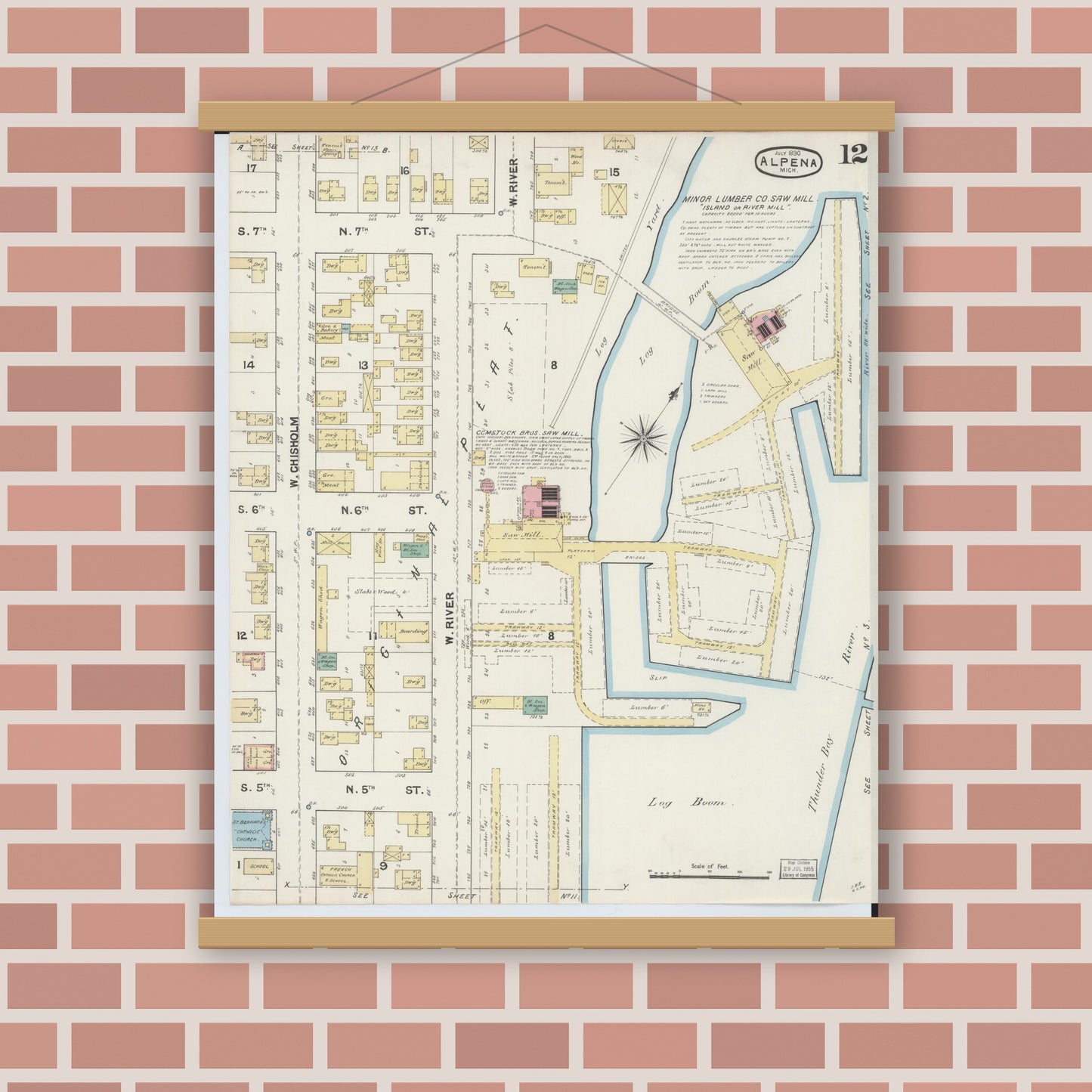 Old map wall art mockup — magnetic wood frame on brick wall — Sanborn Fire Insurance Map from Alpena, Alpena County, Michigan (1890), Sheet #0012