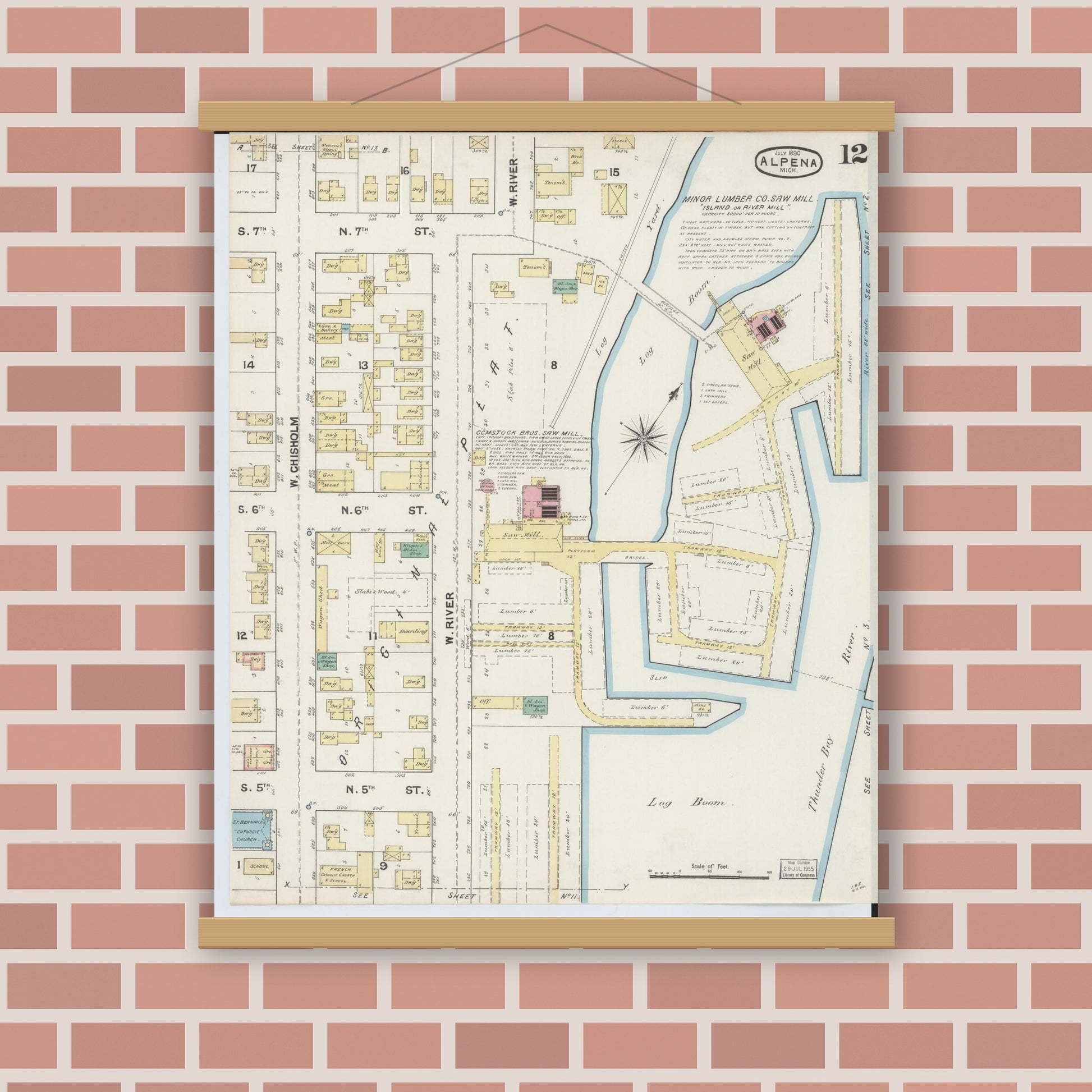 Old map wall art mockup — magnetic wood frame on brick wall — Sanborn Fire Insurance Map from Alpena, Alpena County, Michigan (1890), Sheet #0012