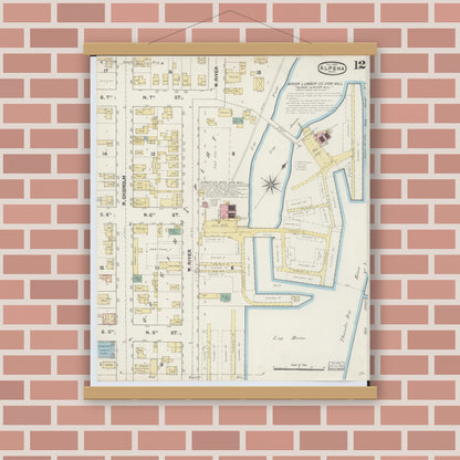 Old map wall art mockup — magnetic wood frame on brick wall — Sanborn Fire Insurance Map from Alpena, Alpena County, Michigan (1890), Sheet #0012