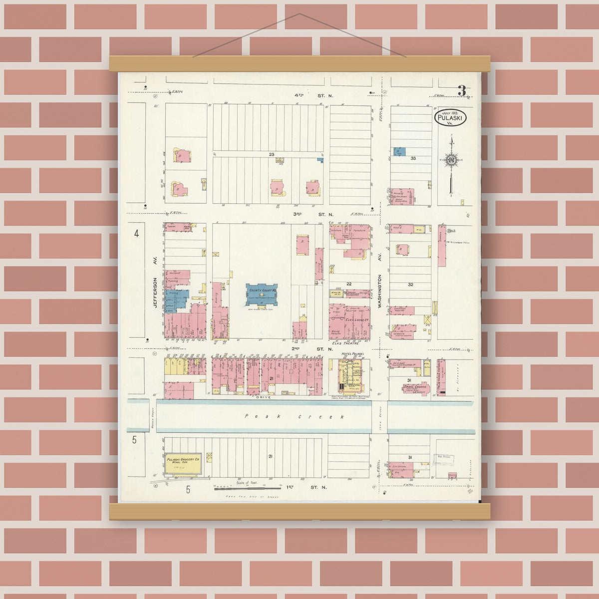 Old map wall art mockup — magnetic wood frame on brick wall — Sanborn Fire Insurance Map from Pulaski, Pulaski County, Virginia (1913), Sheet #0003