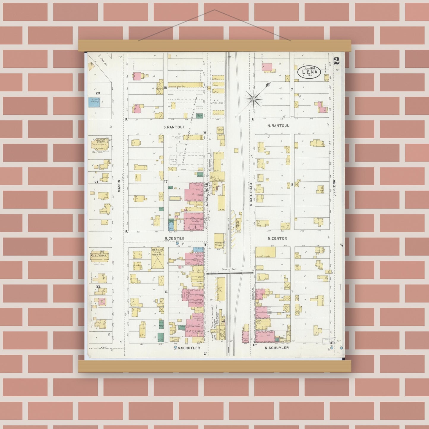 Old map wall art mockup — magnetic wood frame on brick wall — Sanborn Fire Insurance Map from Lena, Stephenson County, Illinois (1898), Sheet #0002