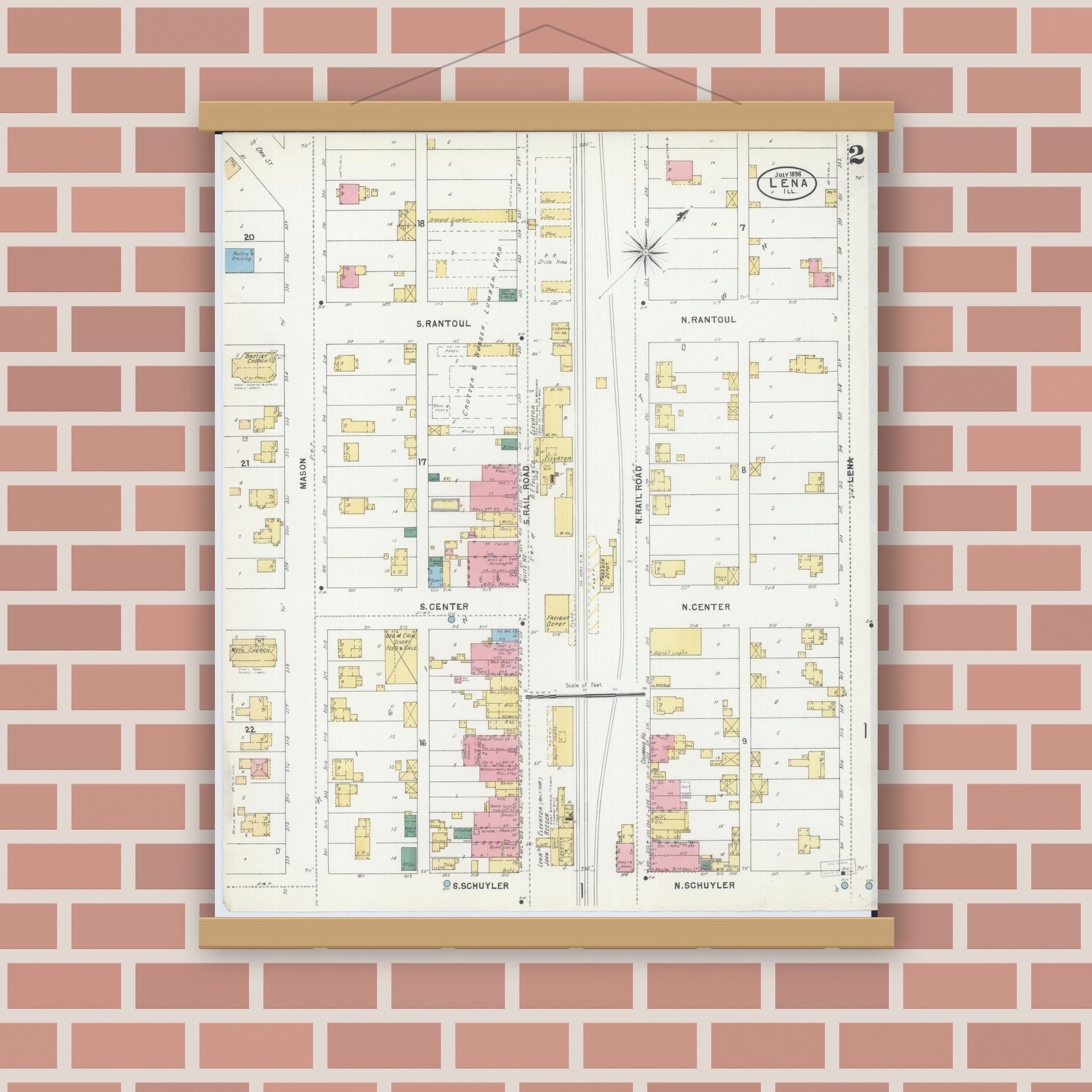 Old map wall art mockup — magnetic wood frame on brick wall — Sanborn Fire Insurance Map from Lena, Stephenson County, Illinois (1898), Sheet #0002