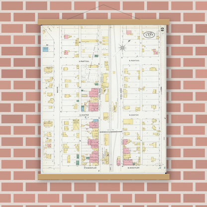 Old map wall art mockup — magnetic wood frame on brick wall — Sanborn Fire Insurance Map from Lena, Stephenson County, Illinois (1898), Sheet #0002