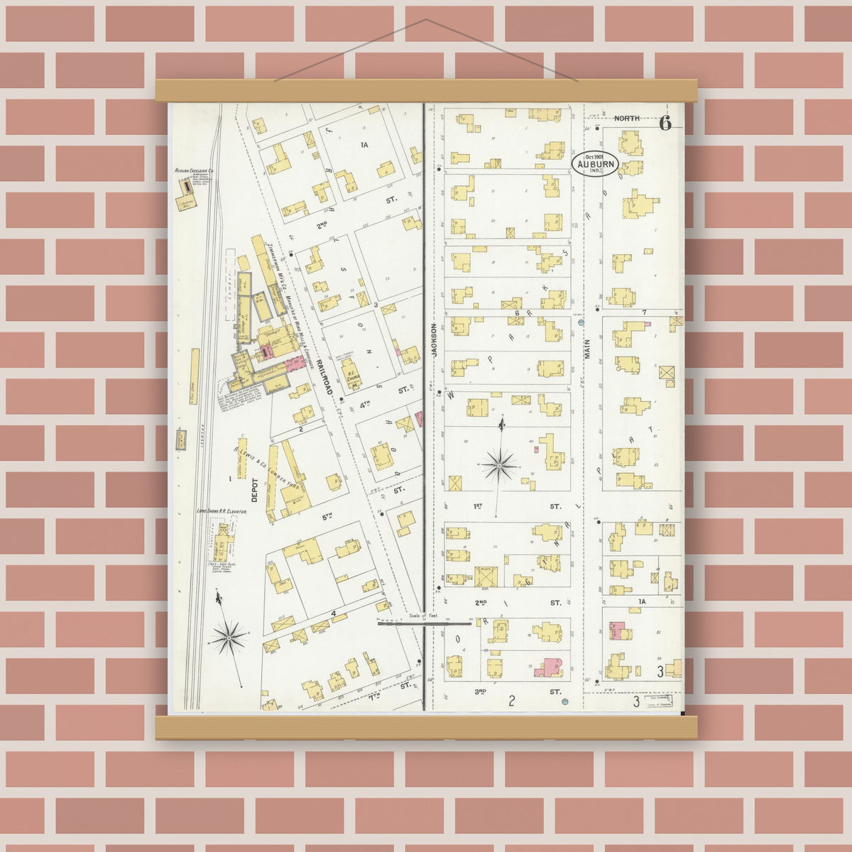 Old map wall art mockup — magnetic wood frame on brick wall — Sanborn Fire Insurance Map from Auburn, De Kalb County, Indiana (1901), Sheet #0006