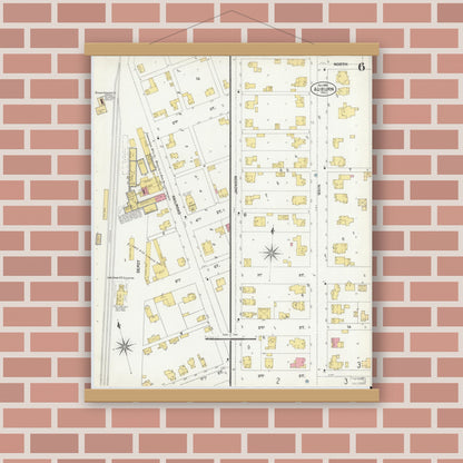 Old map wall art mockup — magnetic wood frame on brick wall — Sanborn Fire Insurance Map from Auburn, De Kalb County, Indiana (1901), Sheet #0006