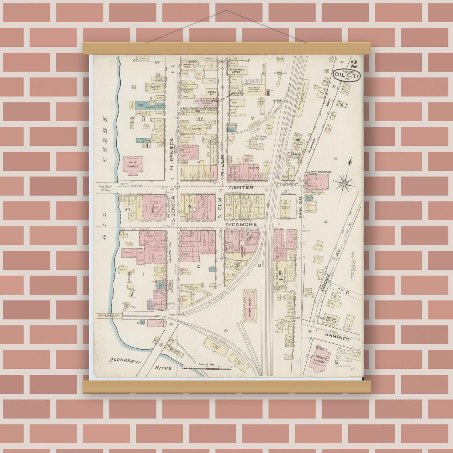 Old map wall art mockup — magnetic wood frame on brick wall — Sanborn Fire Insurance Map from Oil City, Venango County, Pennsylvania (1888), Sheet #0002