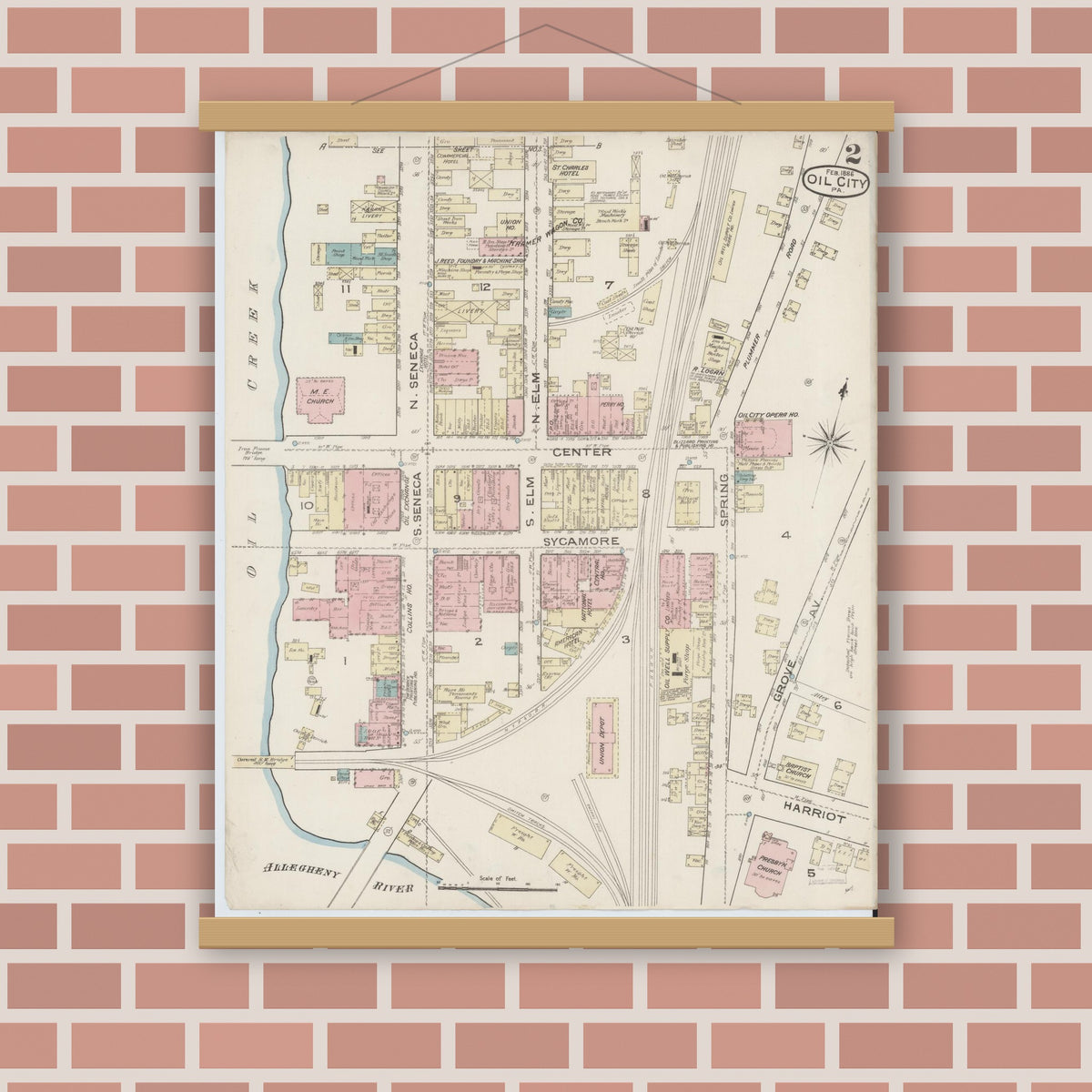 Old map wall art mockup — magnetic wood frame on brick wall — Sanborn Fire Insurance Map from Oil City, Venango County, Pennsylvania (1888), Sheet #0002