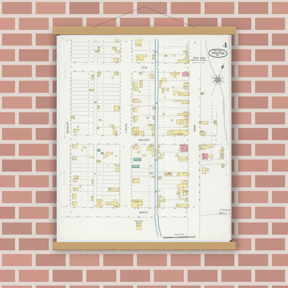 Old map wall art mockup — magnetic wood frame on brick wall — Sanborn Fire Insurance Map from Ironton, Iron County, Missouri (1900), Sheet #0004
