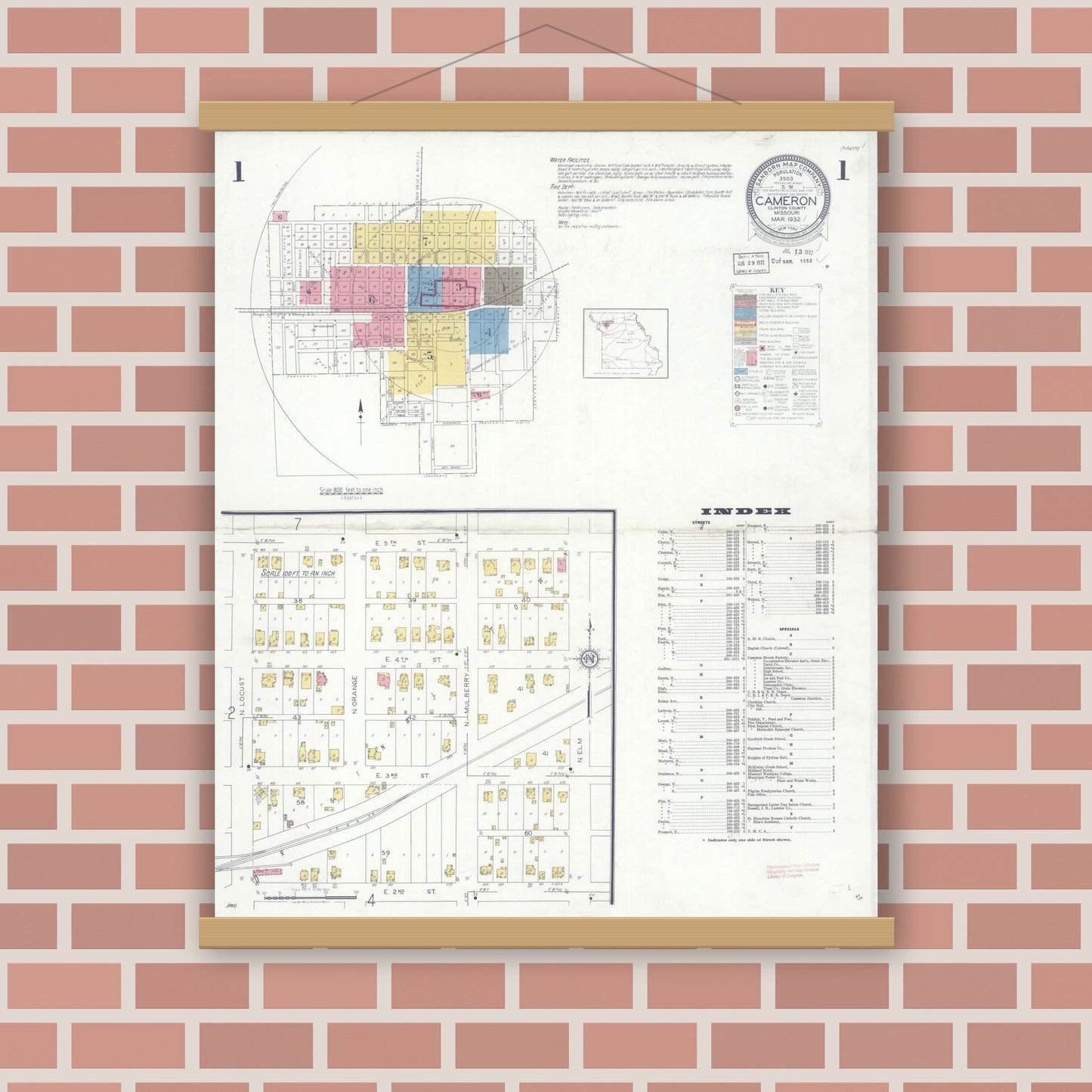 Old map wall art mockup — magnetic wood frame on brick wall — Sanborn Fire Insurance Map from Cameron, Clinton County, Missouri (1932) - Complete Map Set