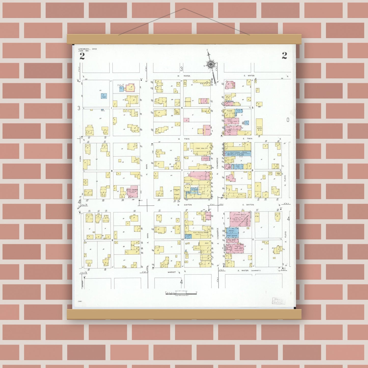 Old map wall art mockup — magnetic wood frame on brick wall — Sanborn Fire Insurance Map from Lewisburg, Preble County, Ohio (1951), Sheet #0002