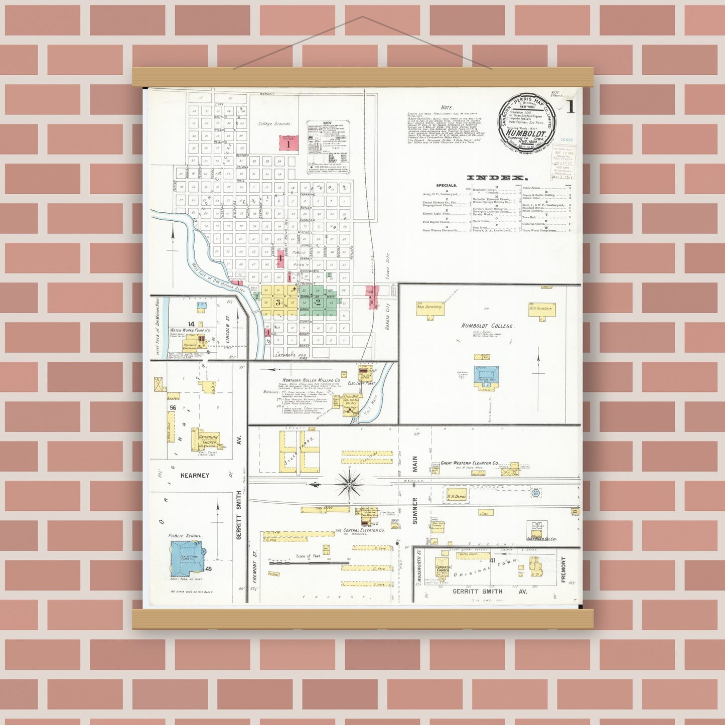 Old map wall art mockup — magnetic wood frame on brick wall — Sanborn Fire Insurance Map from Humboldt, Humboldt County, Iowa (1900) â€” Complete Set