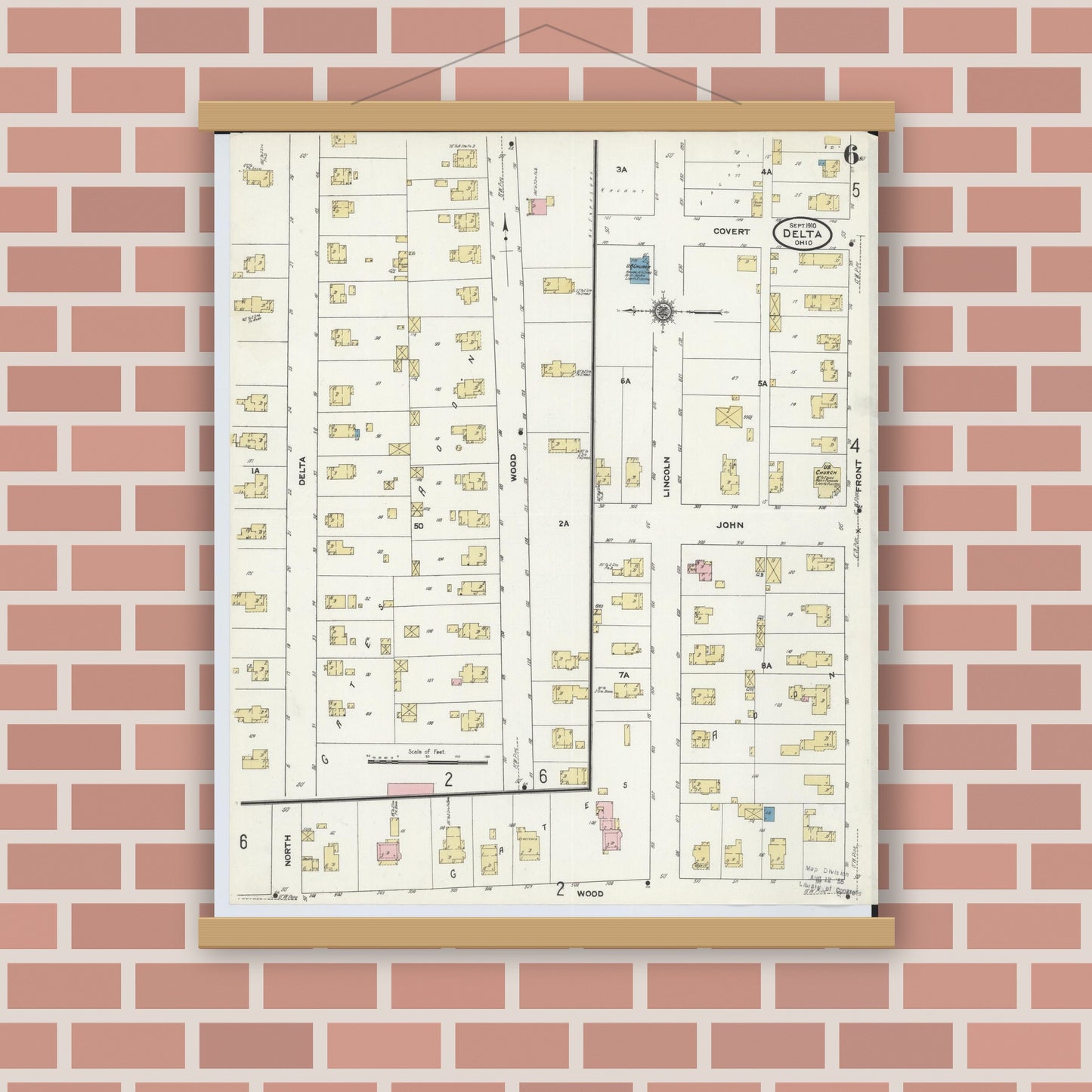 Old map wall art mockup — magnetic wood frame on brick wall — Sanborn Fire Insurance Map from Delta, Fulton County, Ohio (1905), Sheet #0010
