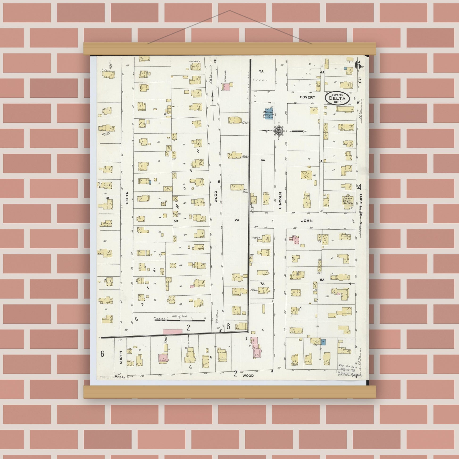 Old map wall art mockup — magnetic wood frame on brick wall — Sanborn Fire Insurance Map from Delta, Fulton County, Ohio (1905), Sheet #0010