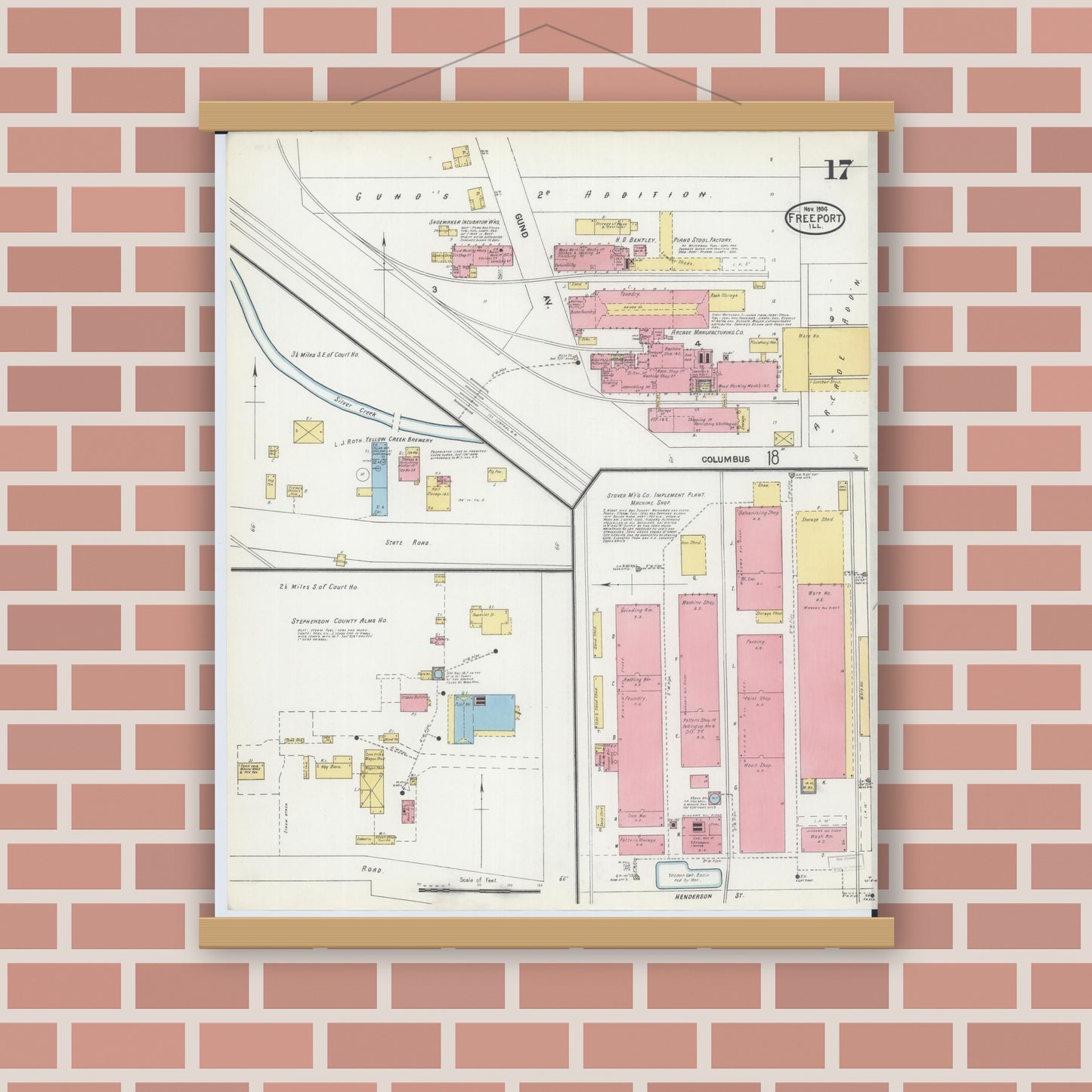 Old map wall art mockup — magnetic wood frame on brick wall — Sanborn Fire Insurance Map from Freeport, Stephenson County, Illinois (1904), Sheet #0017