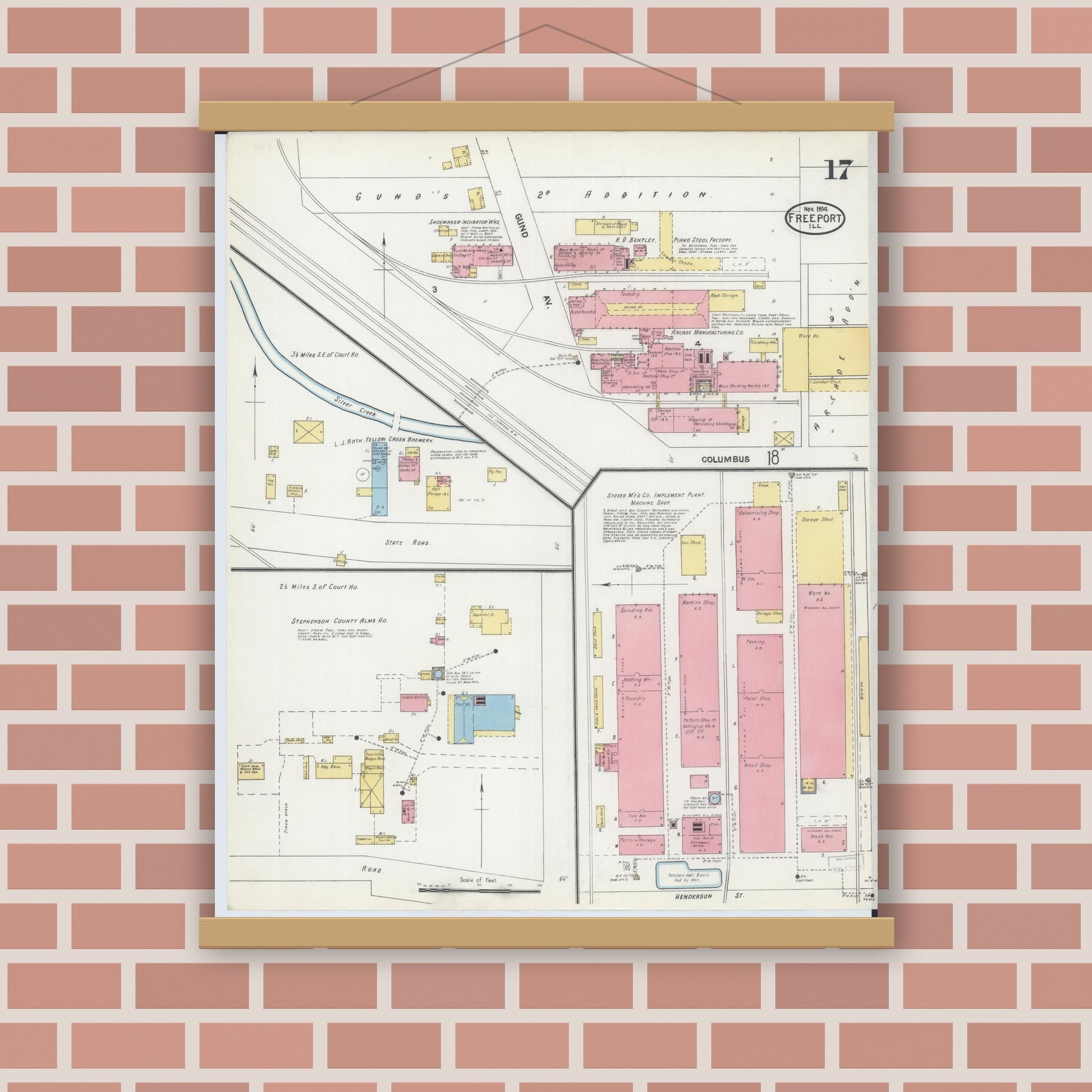 Old map wall art mockup — magnetic wood frame on brick wall — Sanborn Fire Insurance Map from Freeport, Stephenson County, Illinois (1904), Sheet #0017
