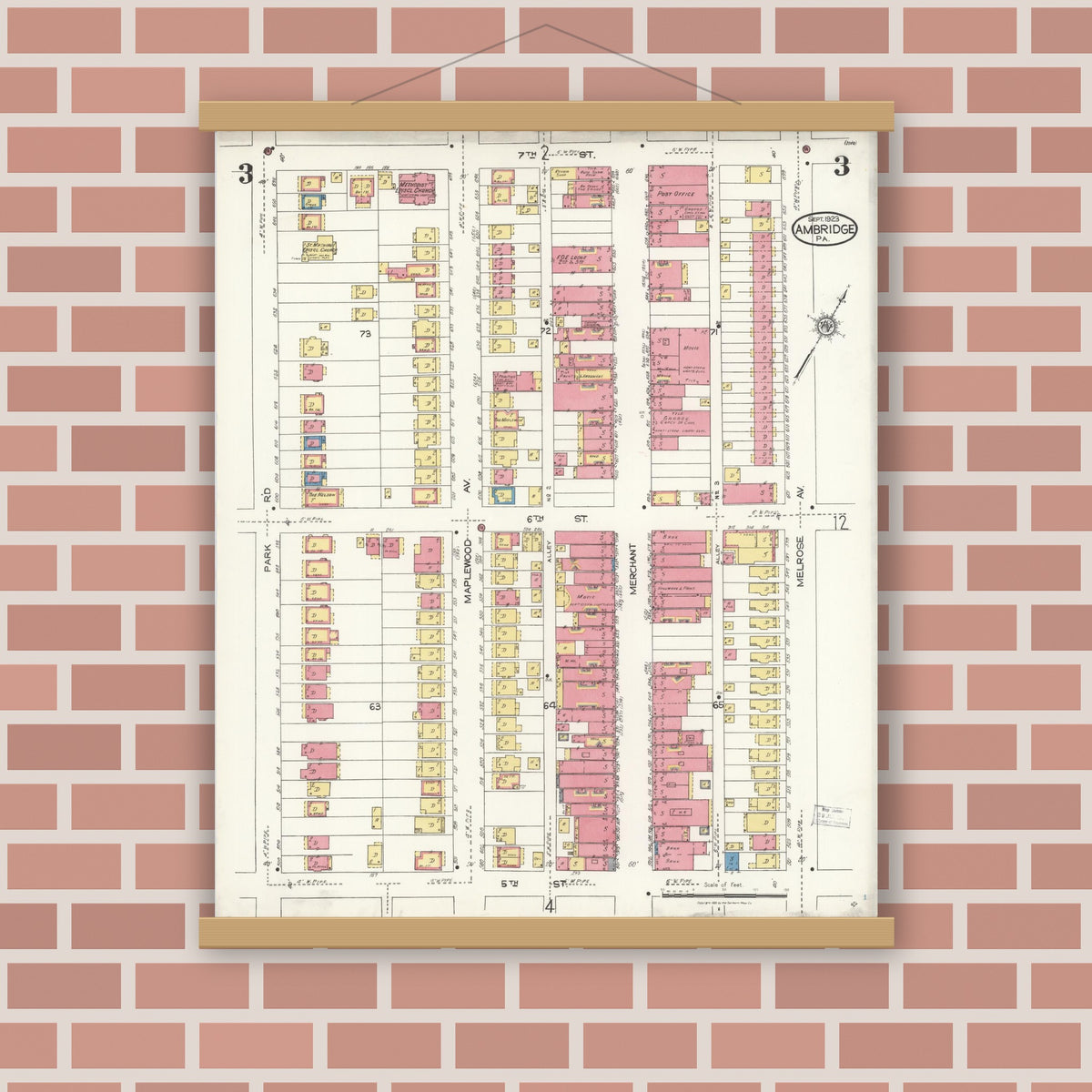 Old map wall art mockup — magnetic wood frame on brick wall — Sanborn Fire Insurance Map from Ambridge, Beaver County, Pennsylvania (1923), Sheet #0003