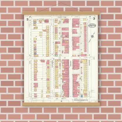 Old map wall art mockup — magnetic wood frame on brick wall — Sanborn Fire Insurance Map from Ambridge, Beaver County, Pennsylvania (1923), Sheet #0003