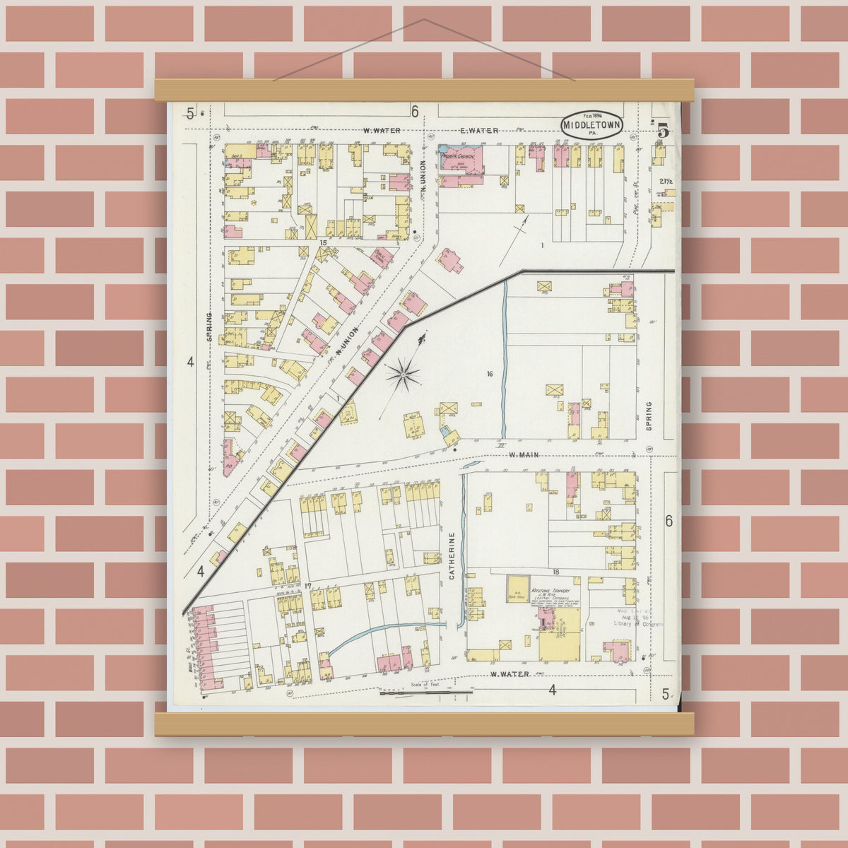 Old map wall art mockup — magnetic wood frame on brick wall — Sanborn Fire Insurance Map from Middletown, Dauphin County, Pennsylvania (1896), Sheet #0005