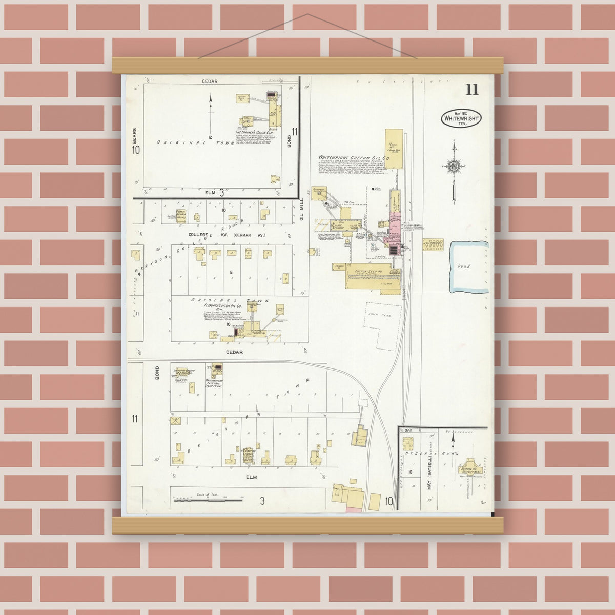 Old map wall art mockup — magnetic wood frame on brick wall — Sanborn Fire Insurance Map from Whitewright, Grayson County, Texas (1912), Sheet #0011