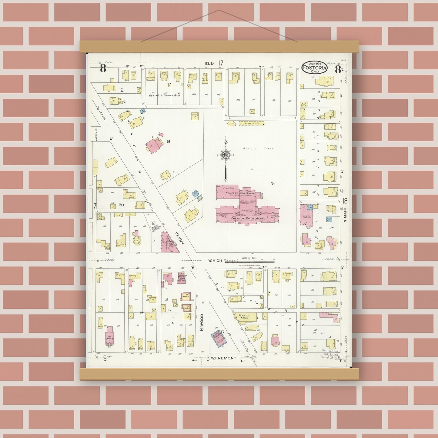 Old map wall art mockup — magnetic wood frame on brick wall — Sanborn Fire Insurance Map from Fostoria, Seneca, Hancock, And Wood Counties, Ohio (1924), Sheet #0008