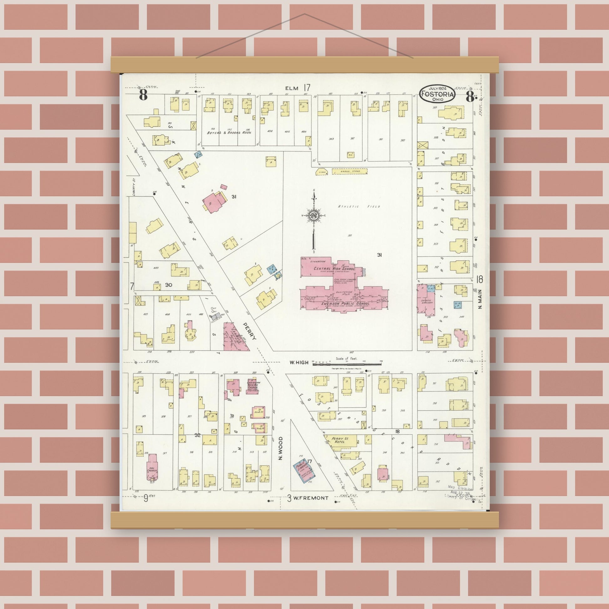 Old map wall art mockup — magnetic wood frame on brick wall — Sanborn Fire Insurance Map from Fostoria, Seneca, Hancock, And Wood Counties, Ohio (1924), Sheet #0008
