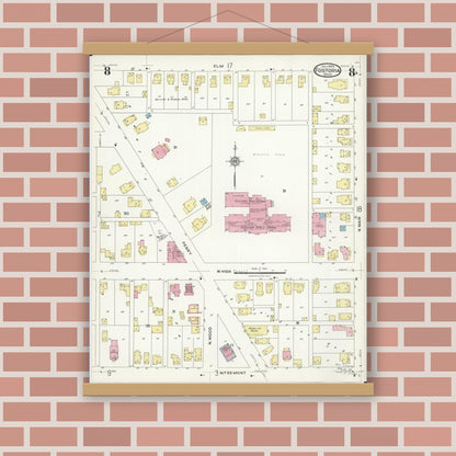 Old map wall art mockup — magnetic wood frame on brick wall — Sanborn Fire Insurance Map from Fostoria, Seneca, Hancock, And Wood Counties, Ohio (1924), Sheet #0008