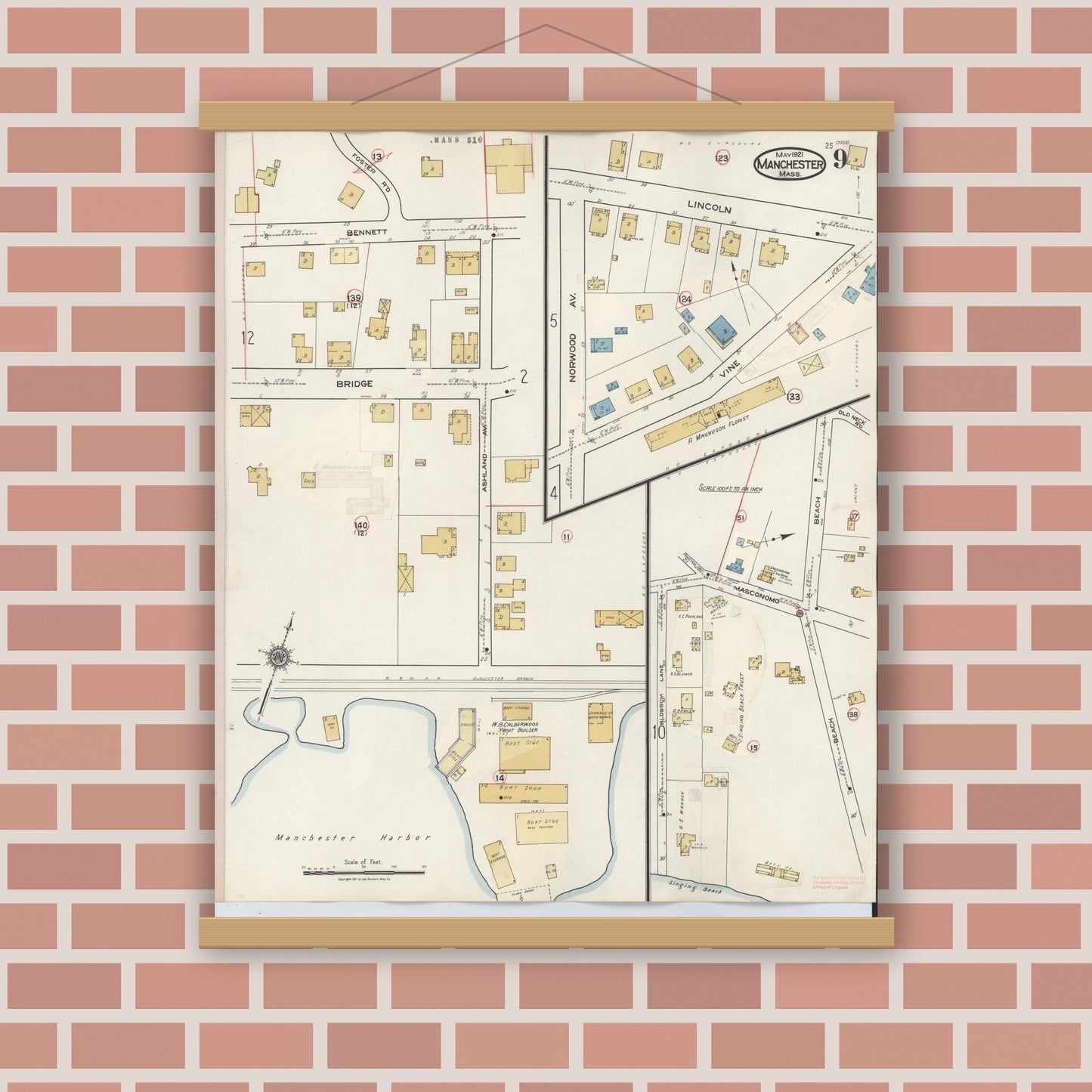 Old map wall art mockup — magnetic wood frame on brick wall — Sanborn Fire Insurance Map from Manchester, Essex County, Massachusetts (1941), Sheet #0009