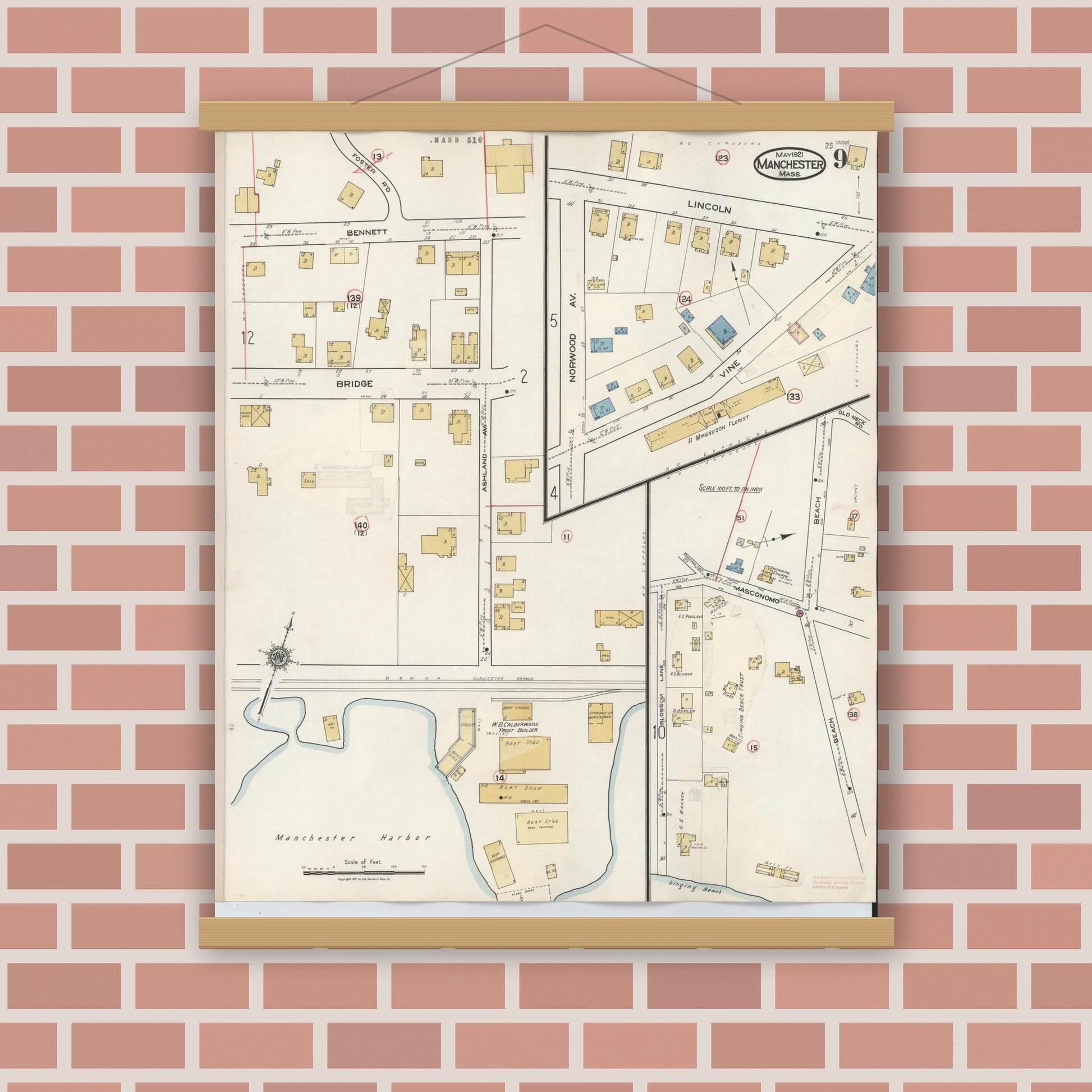 Old map wall art mockup — magnetic wood frame on brick wall — Sanborn Fire Insurance Map from Manchester, Essex County, Massachusetts (1941), Sheet #0009