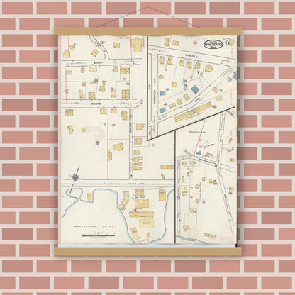 Old map wall art mockup — magnetic wood frame on brick wall — Sanborn Fire Insurance Map from Manchester, Essex County, Massachusetts (1941), Sheet #0009