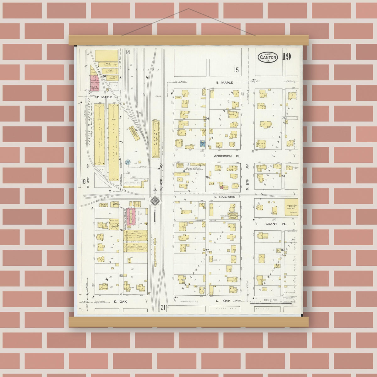 Old map wall art mockup — magnetic wood frame on brick wall — Sanborn Fire Insurance Map from Canton, Fulton County, Illinois (1917), Sheet #0019