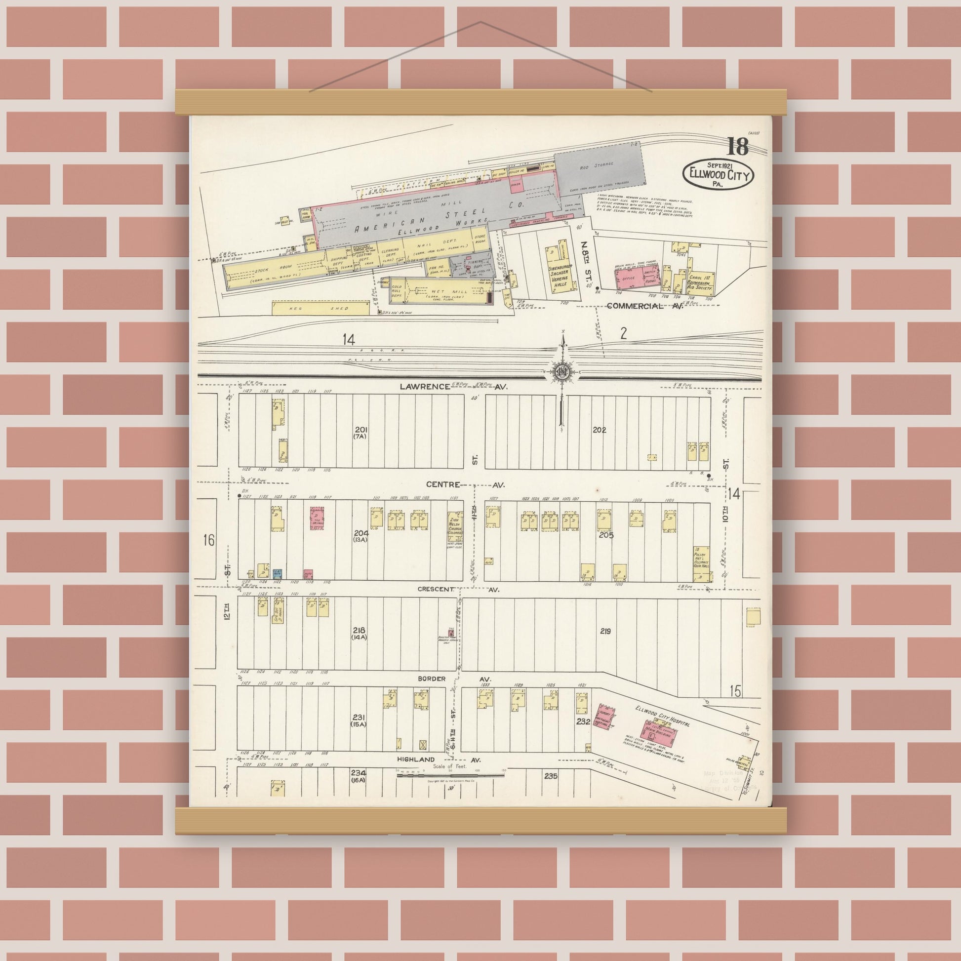 Old map wall art mockup — magnetic wood frame on brick wall — Sanborn Fire Insurance Map from Ellwood City, Lawrence County, Pennsylvania (1921), Sheet #0018